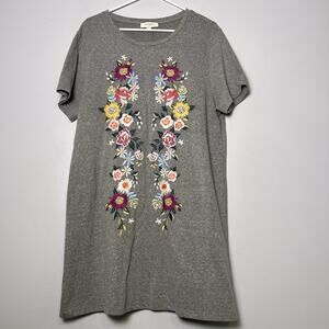 Umgee Short Sleeve T Shirt Dress Embroidered Floral Sz XL Gray Boho Loungewear